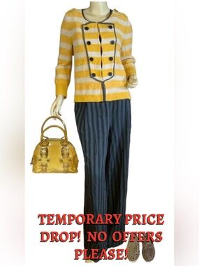 LOFT MUSTARD YELLOW, BEIGE & GRAY STRIPED COTTON CARDIGAN SWEATER (M)